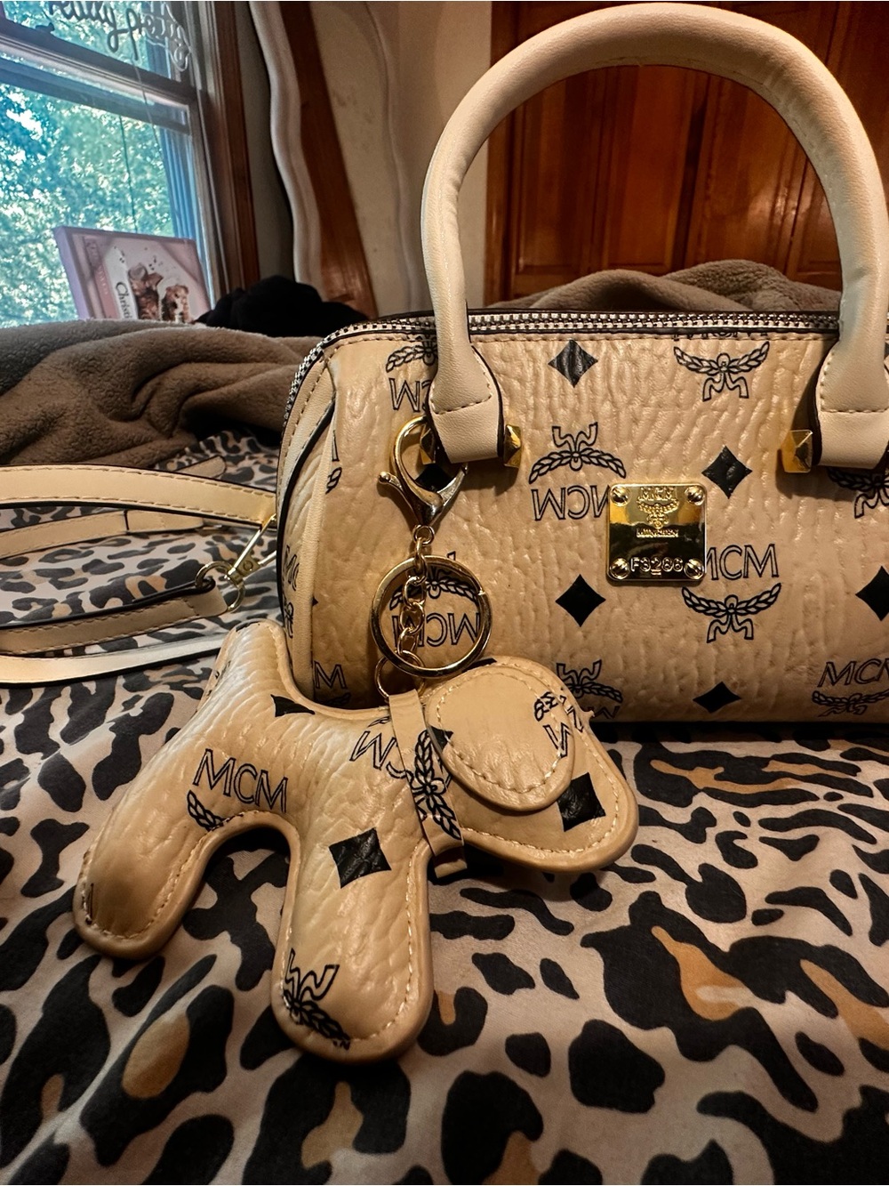 MCM Beige Visetos Mini Satchel with Charm and Gold Hardware